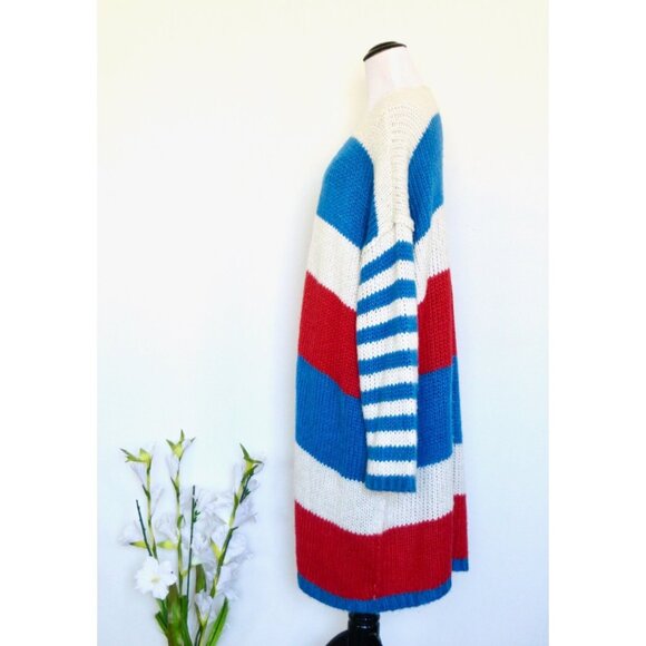 VICI Chunky Knit Open Front Duster Cardigan Striped Red White Blue SZ M - Picture 5 of 9